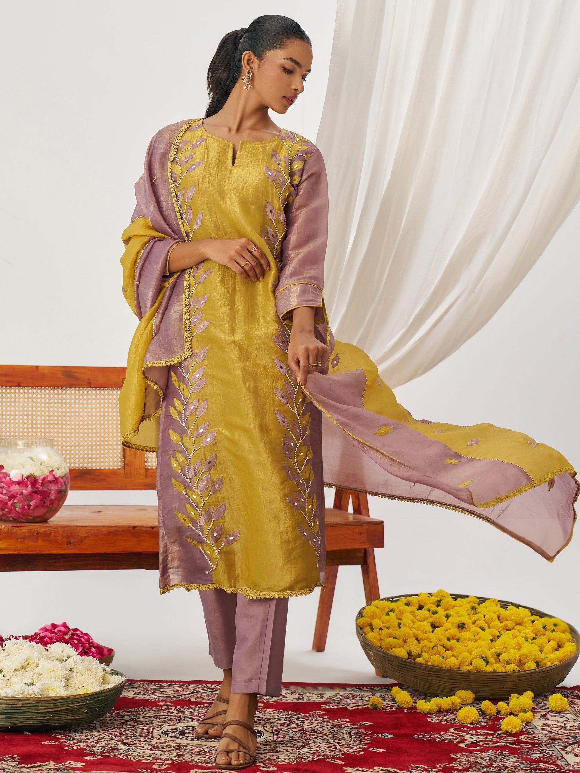 Precious Mauve Patch Work Organza Wedding Wear Pant Suit With Dupatta