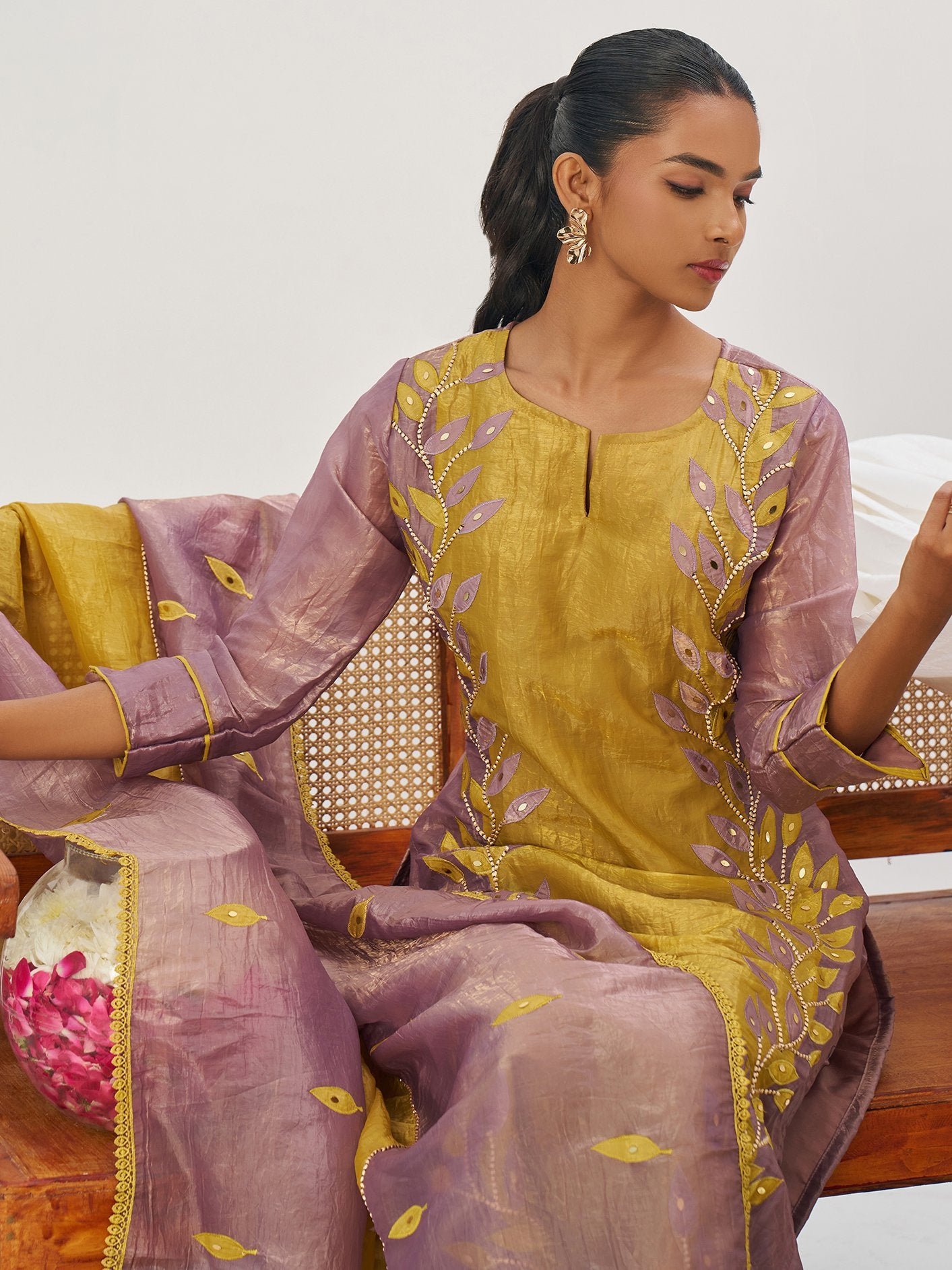 Precious Mauve Patch Work Organza Wedding Wear Pant Suit With Dupatta