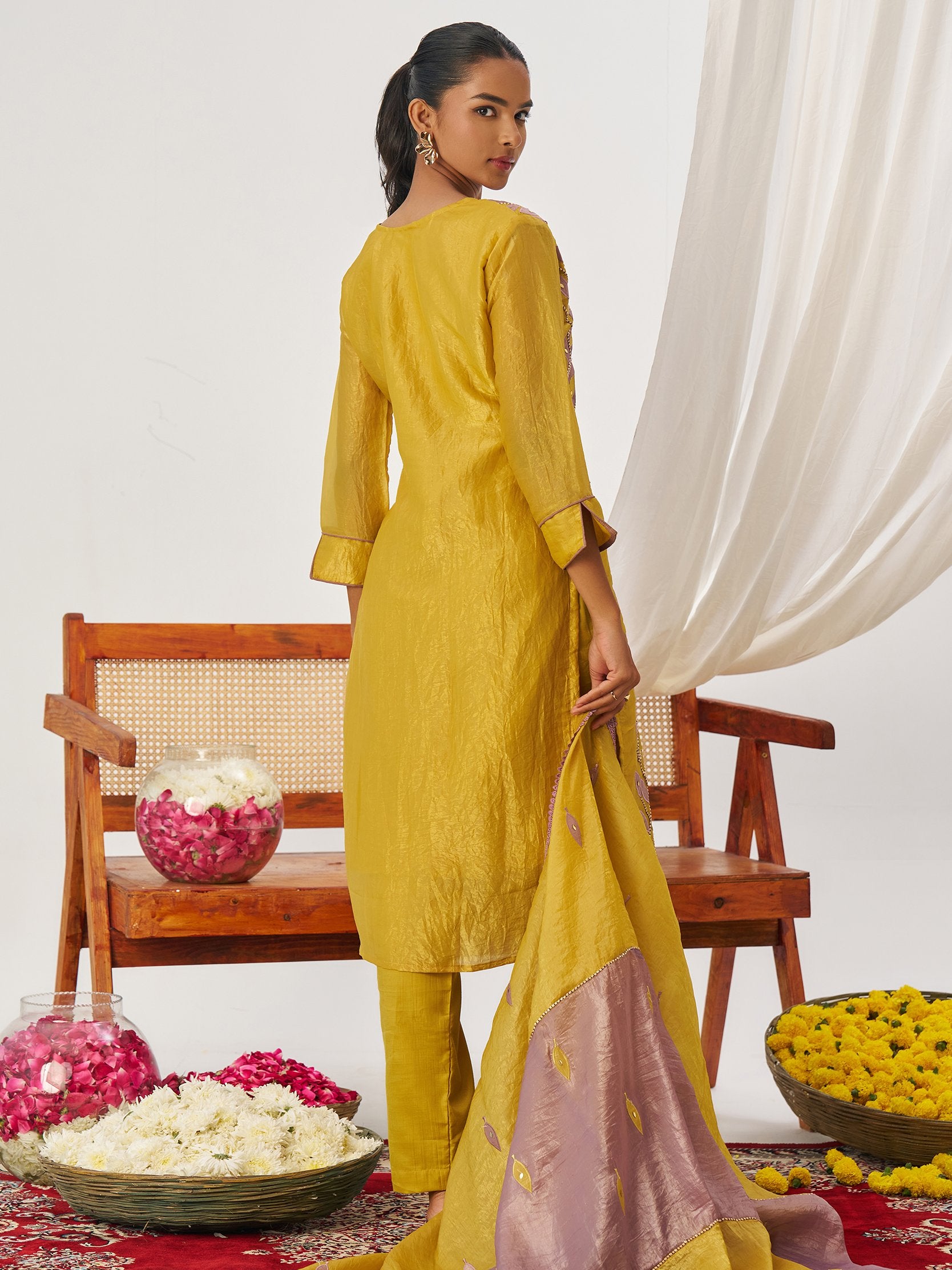 Desirable Mustard Yellow Embroidered Organza Haldi Wear Pant Suit With Dupatta