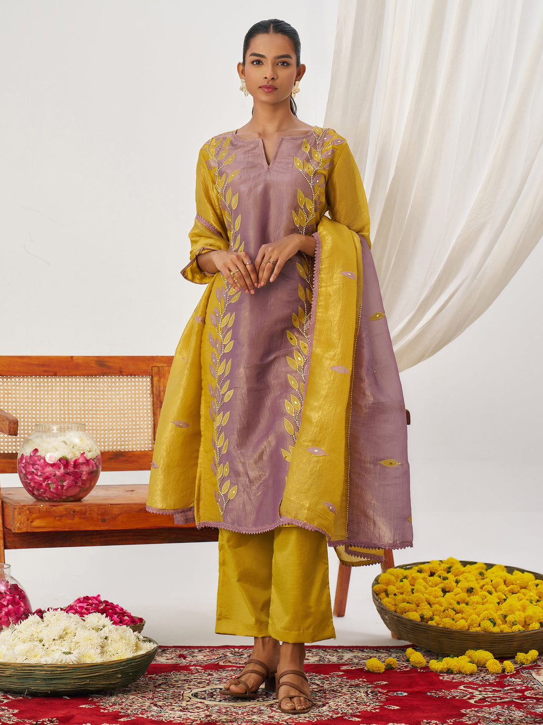 Desirable Mustard Yellow Embroidered Organza Haldi Wear Pant Suit With Dupatta