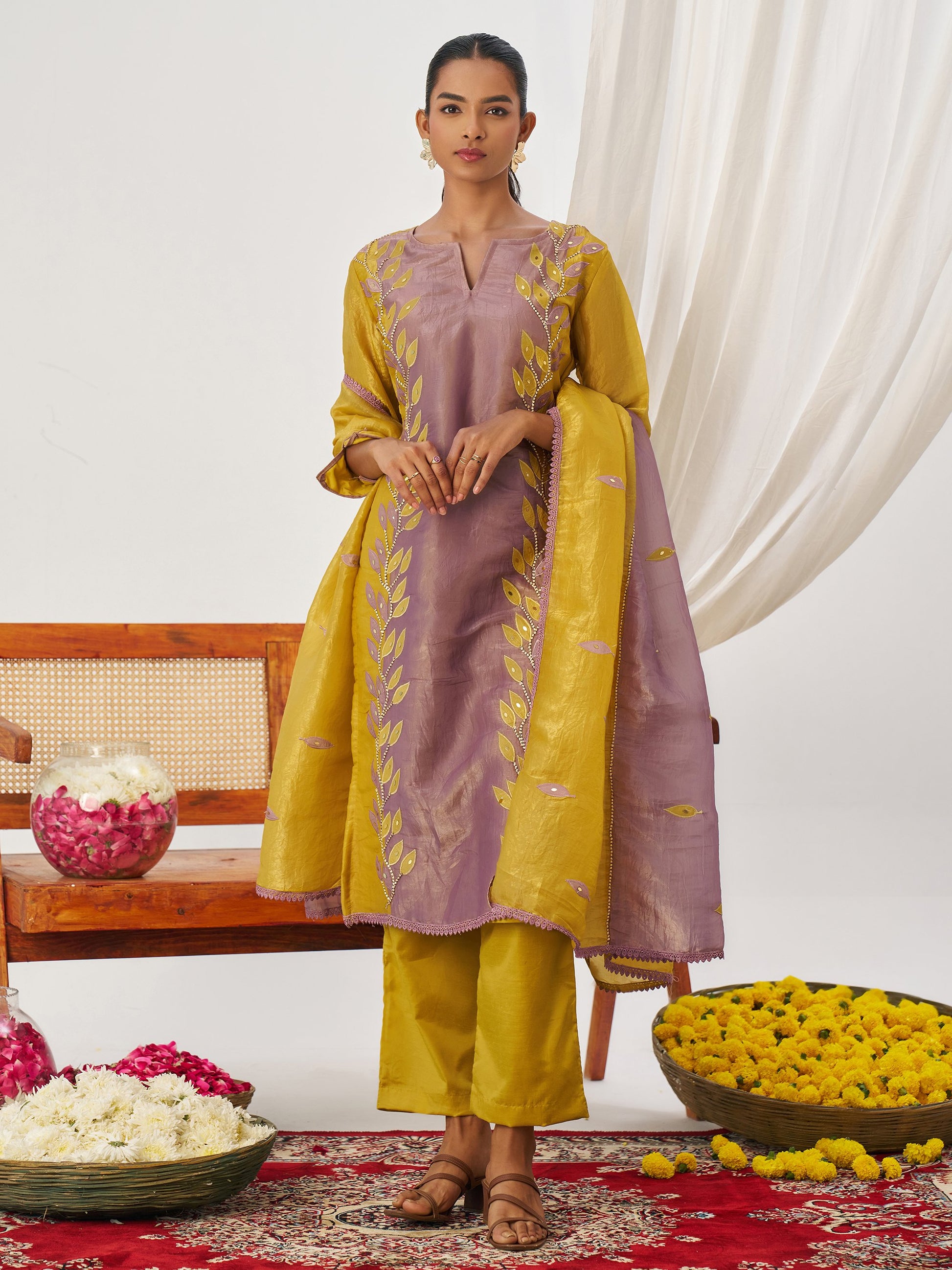 Desirable Mustard Yellow Embroidered Organza Haldi Wear Pant Suit With Dupatta