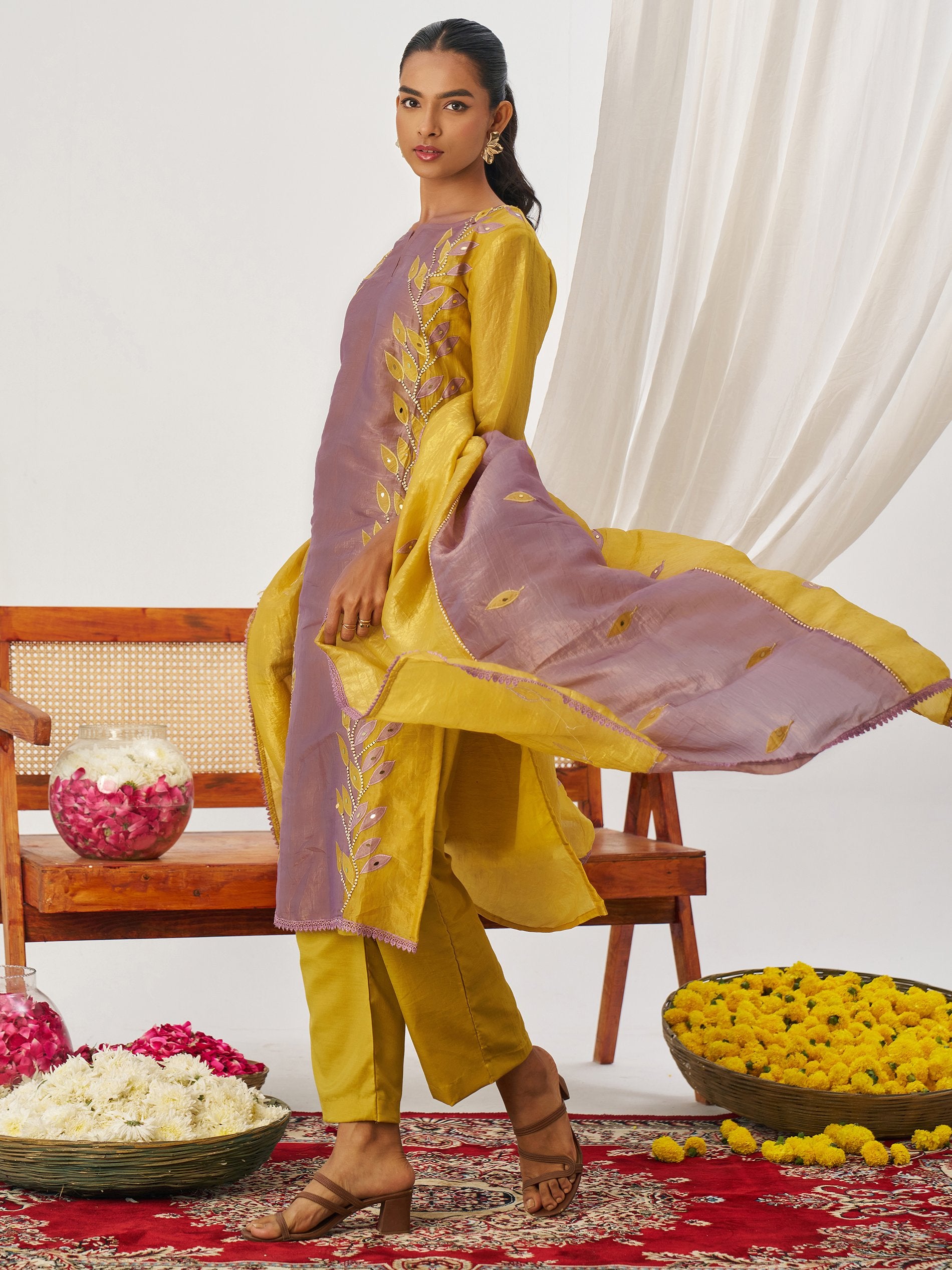 Desirable Mustard Yellow Embroidered Organza Haldi Wear Pant Suit With Dupatta