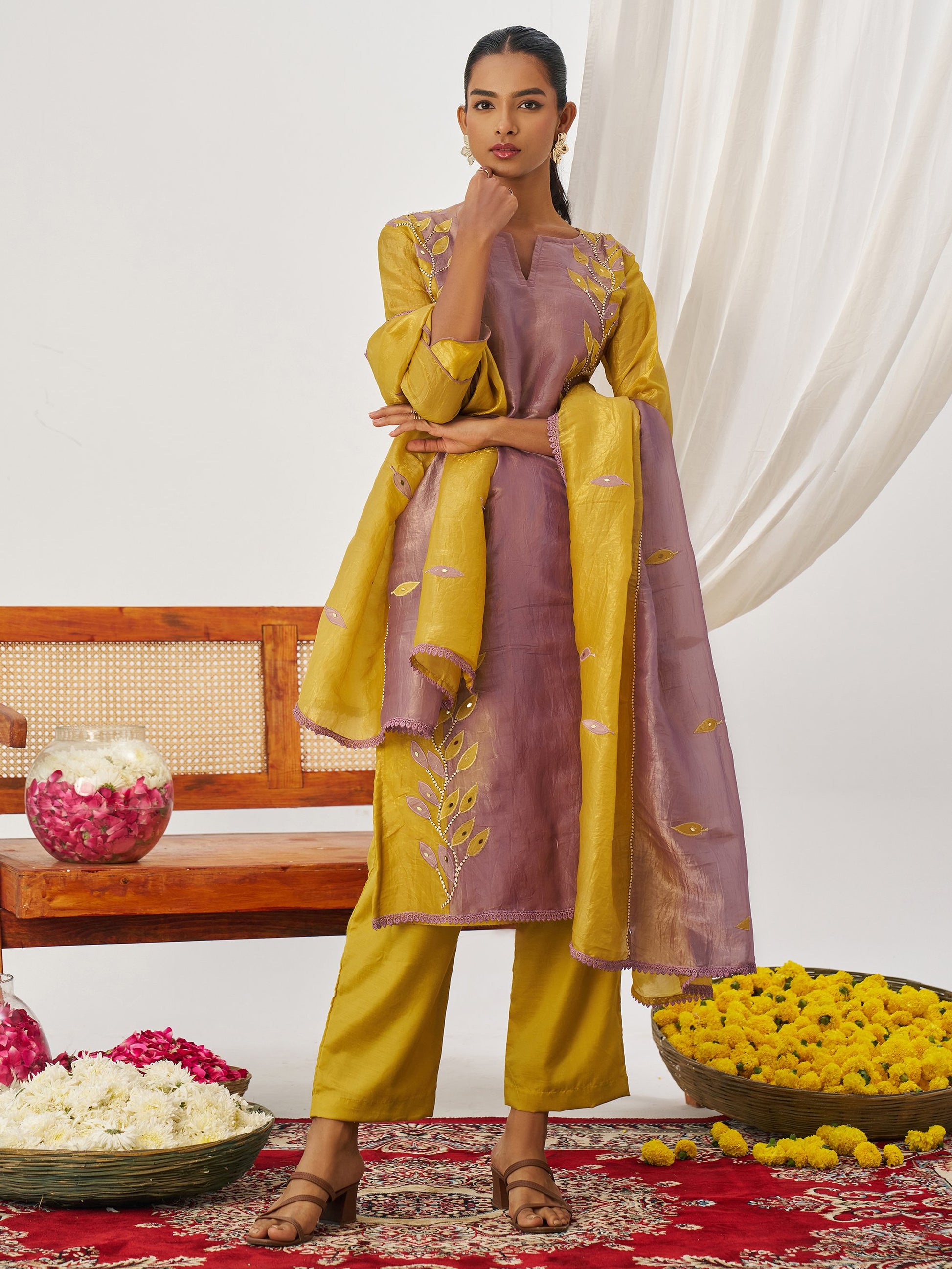 Desirable Mustard Yellow Embroidered Organza Haldi Wear Pant Suit With Dupatta