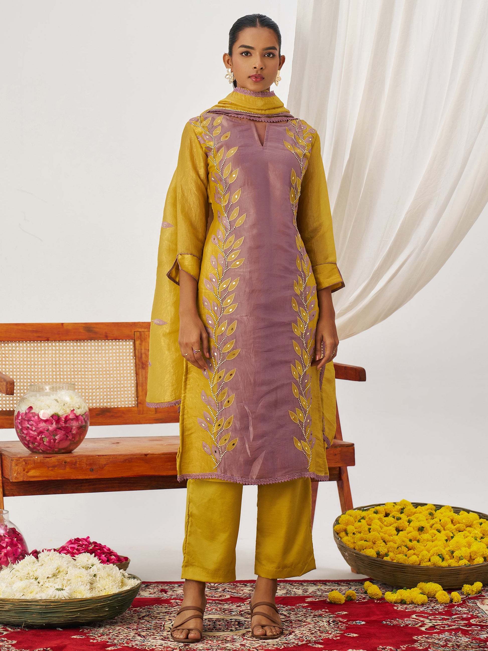 Desirable Mustard Yellow Embroidered Organza Haldi Wear Pant Suit With Dupatta