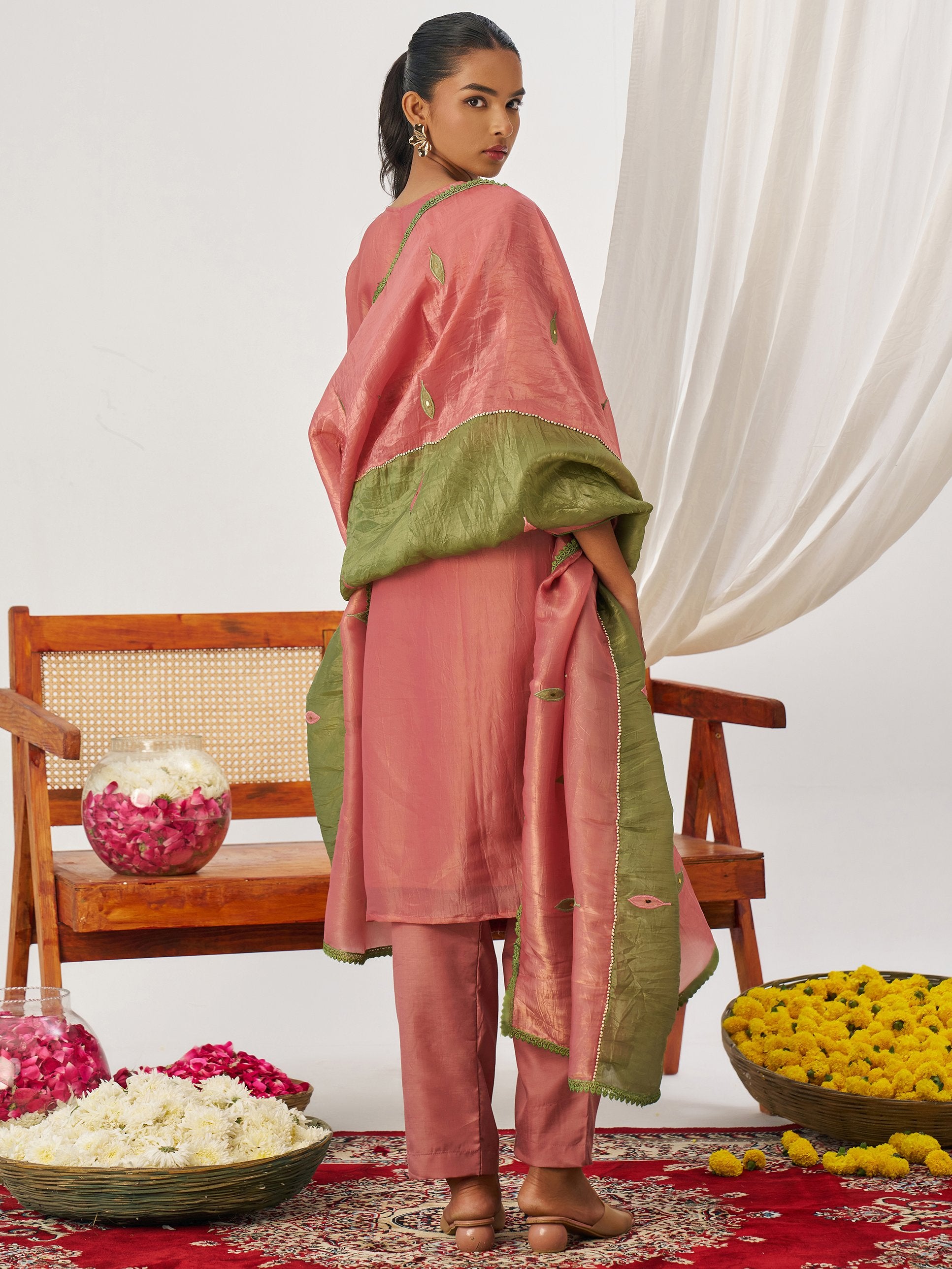 Captivating Rose Pink Thread Work Organza Festive Wear Pant Suit With Dupatta