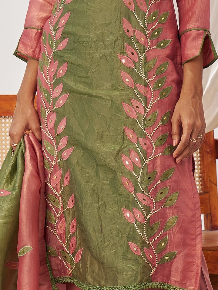 Captivating Rose Pink Thread Work Organza Festive Wear Pant Suit With Dupatta