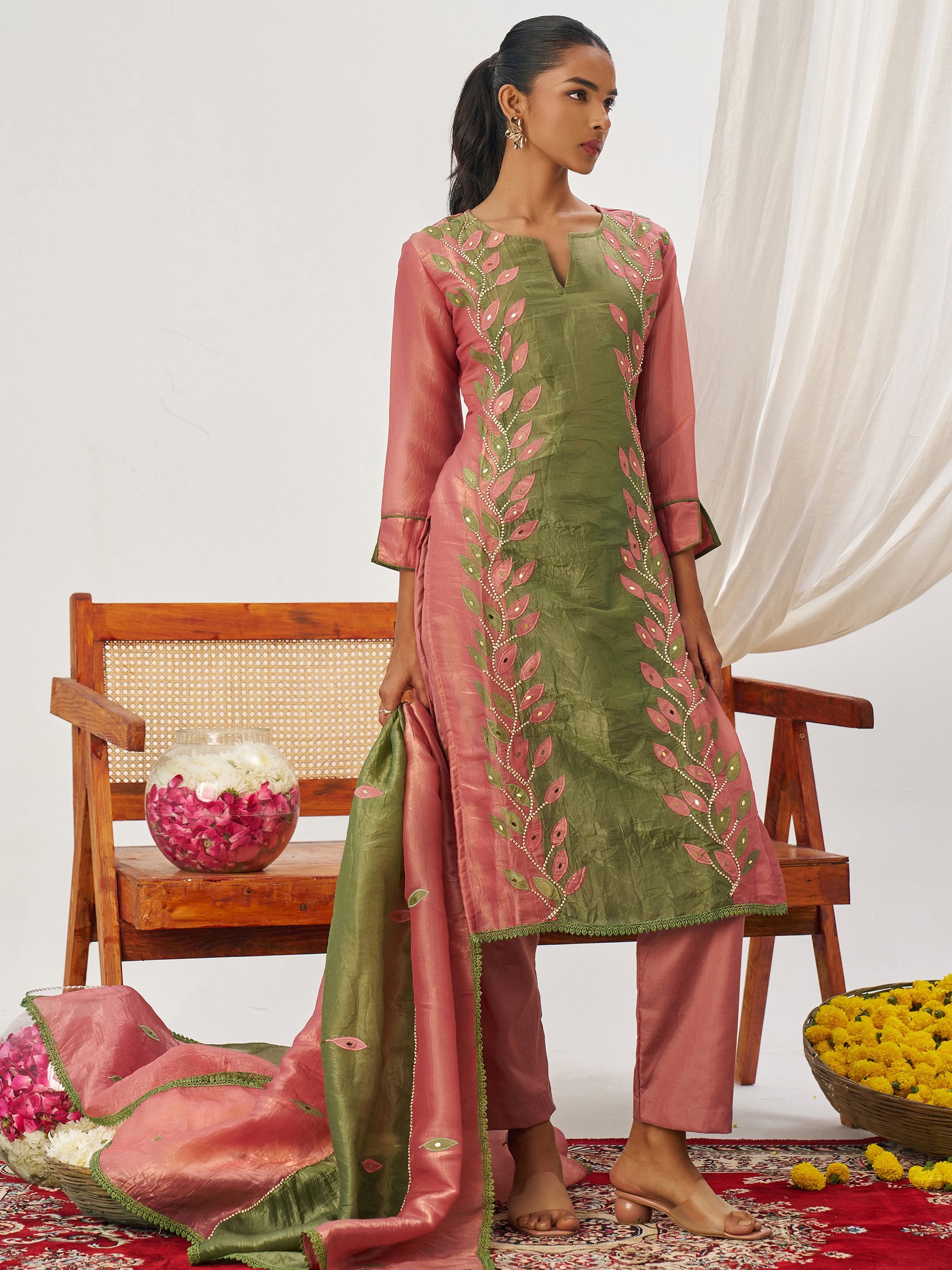 Captivating Rose Pink Thread Work Organza Festive Wear Pant Suit With Dupatta