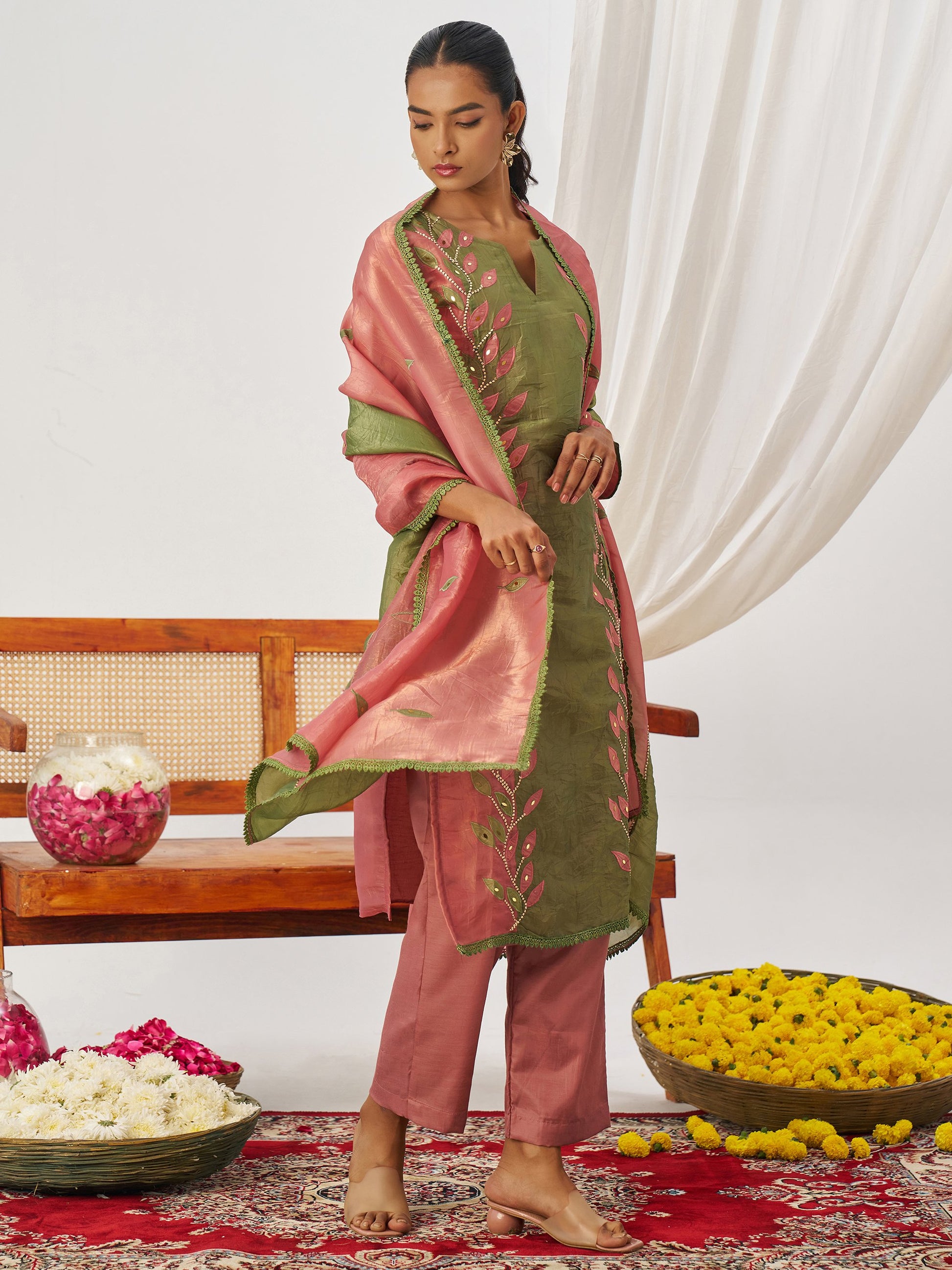 Captivating Rose Pink Thread Work Organza Festive Wear Pant Suit With Dupatta