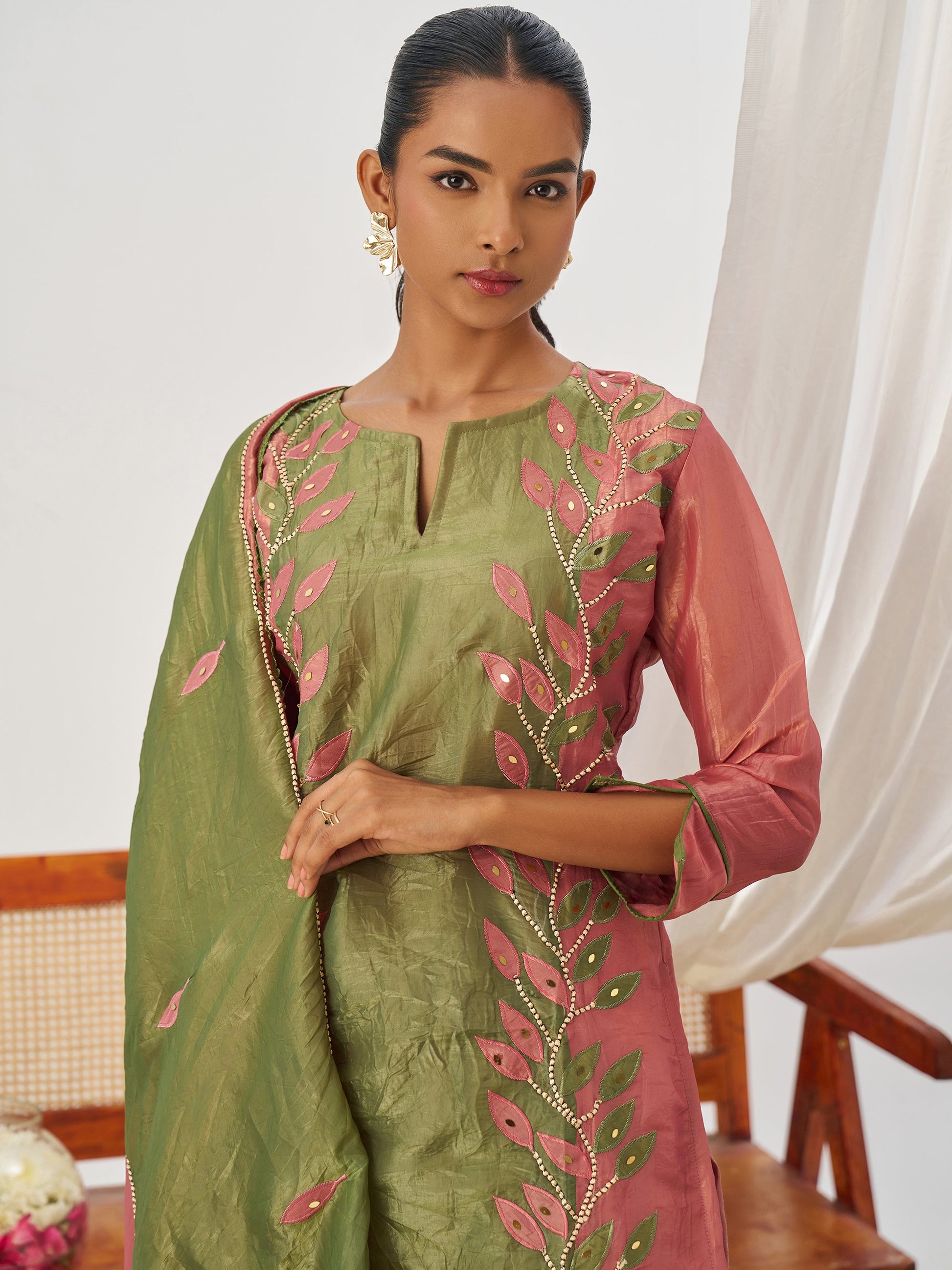 Captivating Rose Pink Thread Work Organza Festive Wear Pant Suit With Dupatta