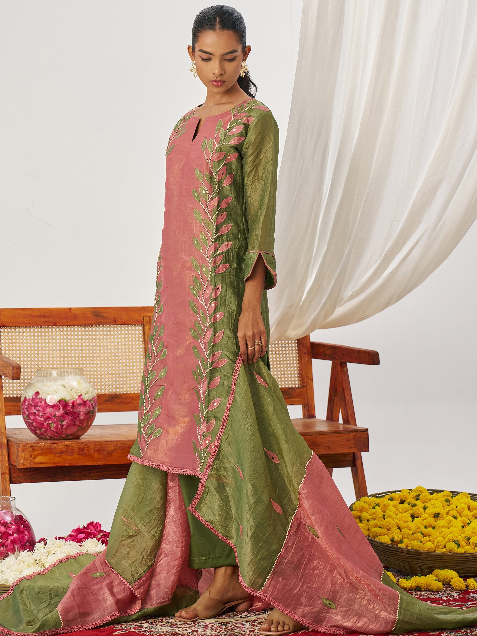 Bewitching Olive Green Mirror Work Organza Mehendi Wear Pant Suit