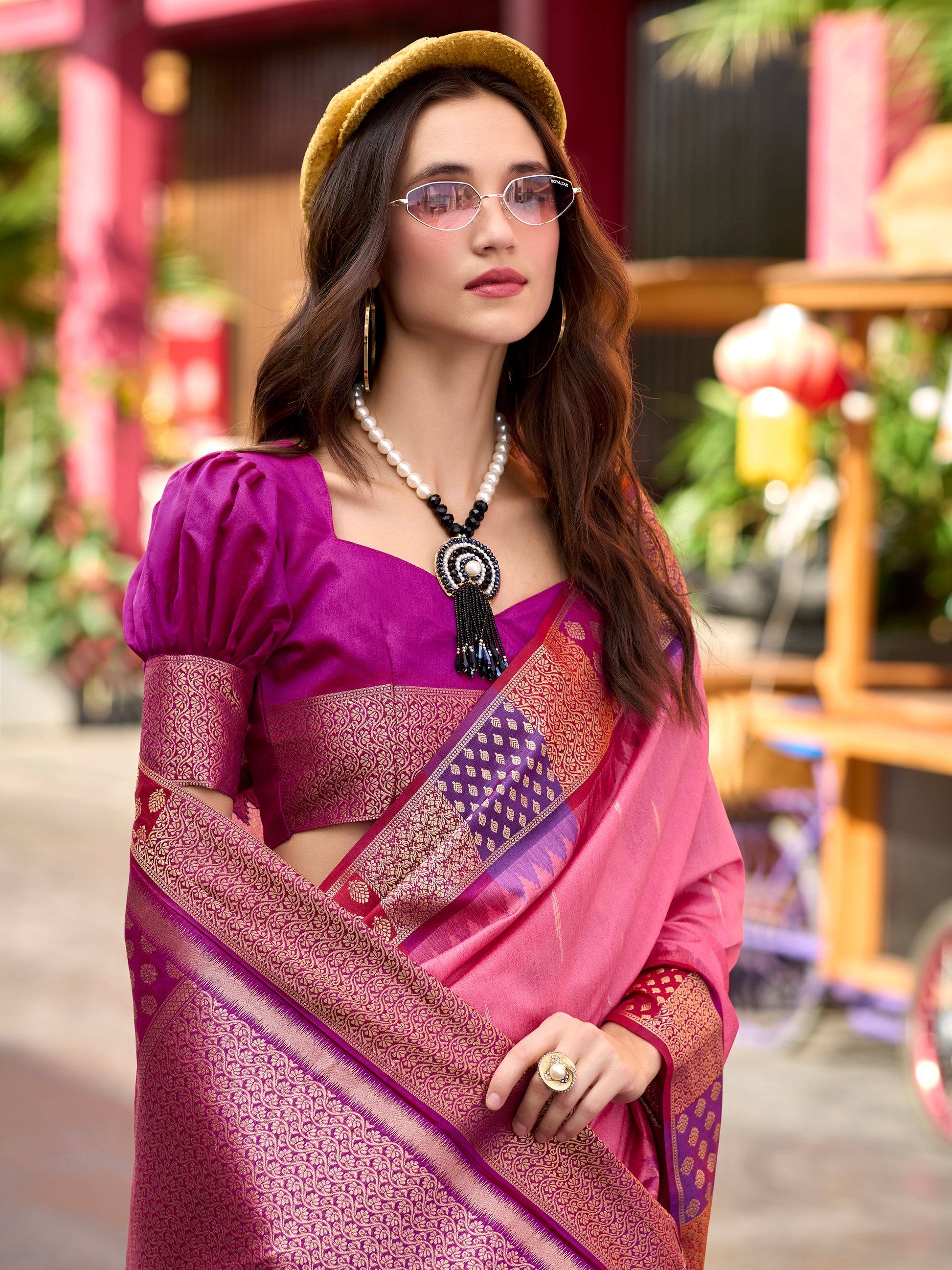 Fabulous Pink Zari Weaving Banarasi Silk Event Wear Saree With Blouse