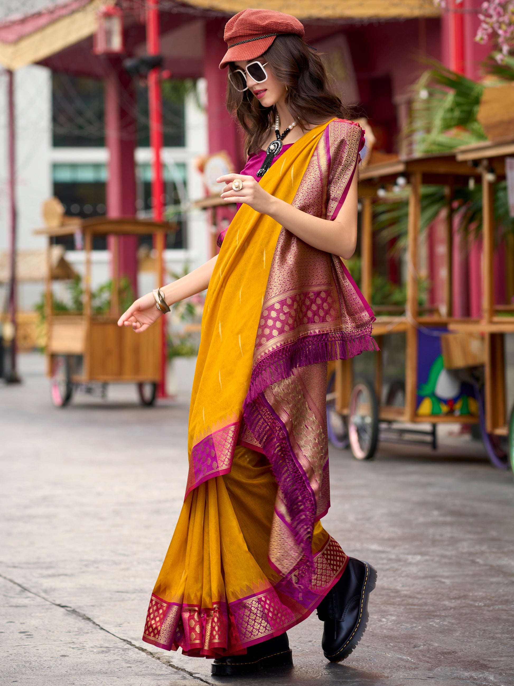 Awesome Yellow Zari Weaving Banarasi Silk Haldi Wear Saree With Blouse