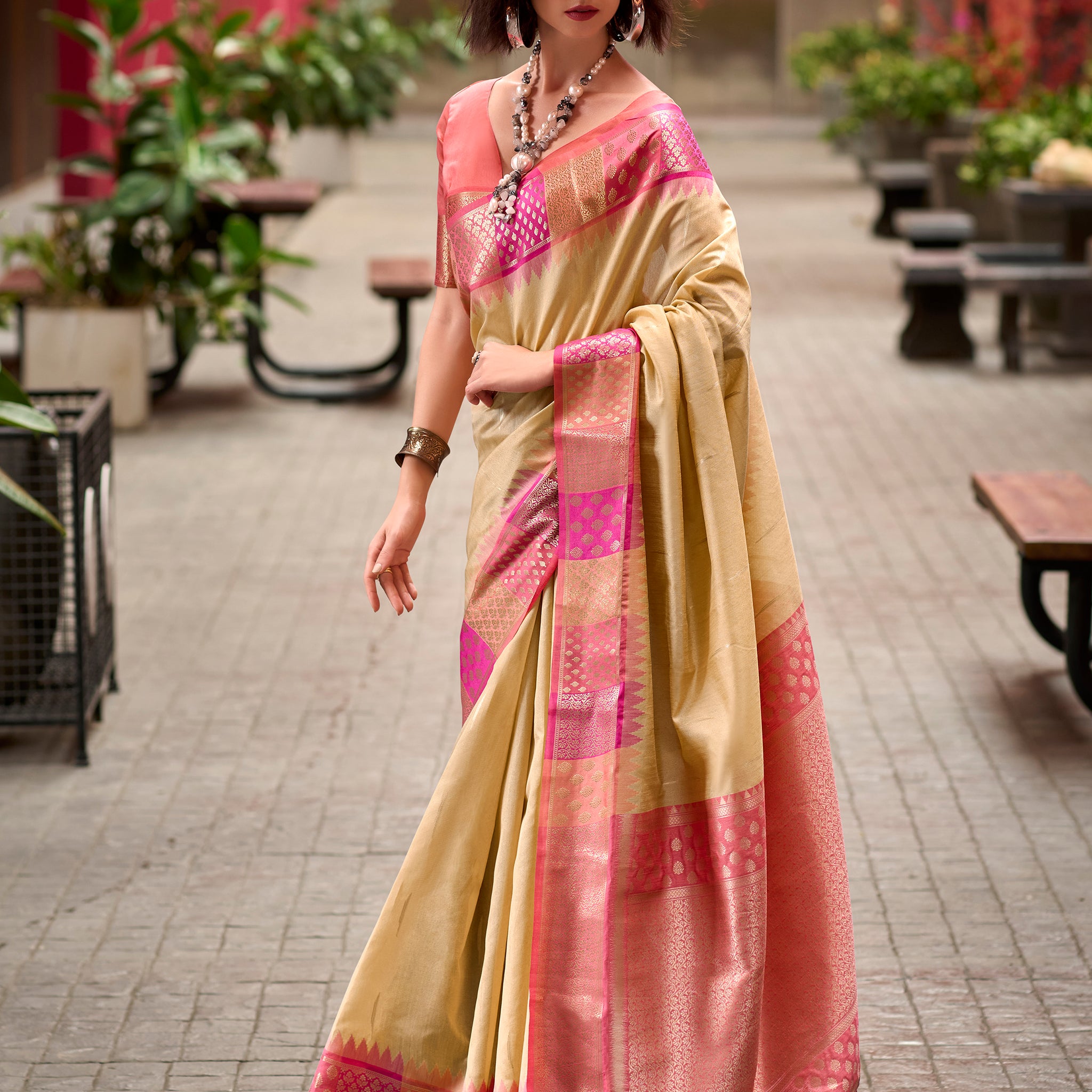 Outstanding Cream Zari Weaving Banarasi Silk Festival Wear Saree
