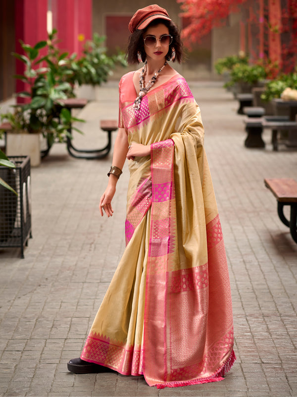 Outstanding Cream Zari Weaving Banarasi Silk Festival Wear Saree