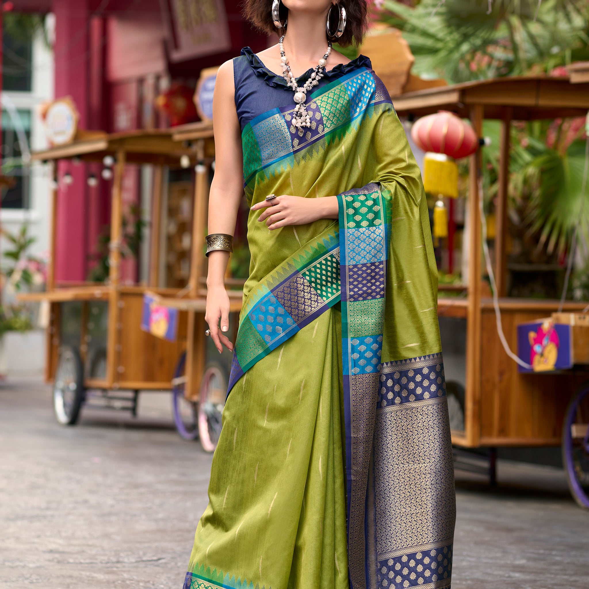 Excellent Olive Green Zari Weaving Banarasi Silk Saree With Blouse
