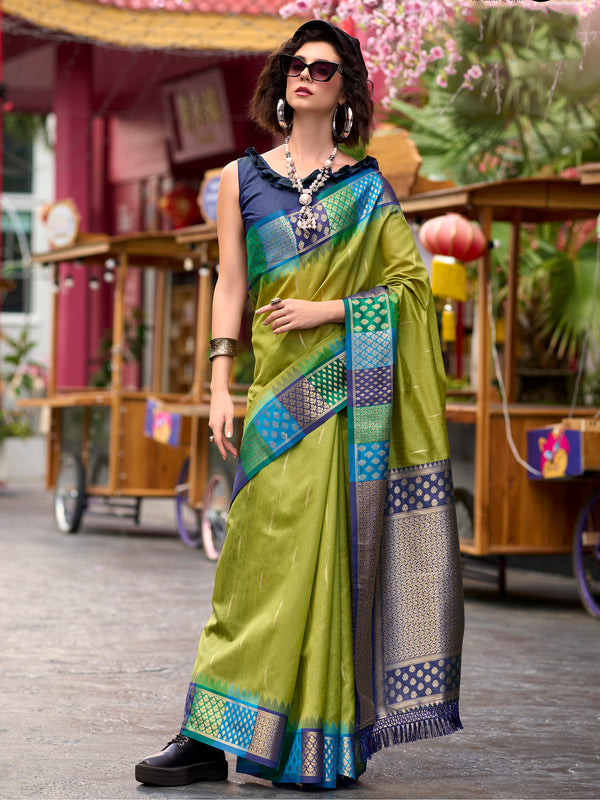 Excellent Olive Green Zari Weaving Banarasi Silk Saree With Blouse