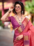 Incredible Coral Red Zari Weaving Banarasi Silk Event Wear Saree