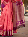 Incredible Coral Red Zari Weaving Banarasi Silk Event Wear Saree