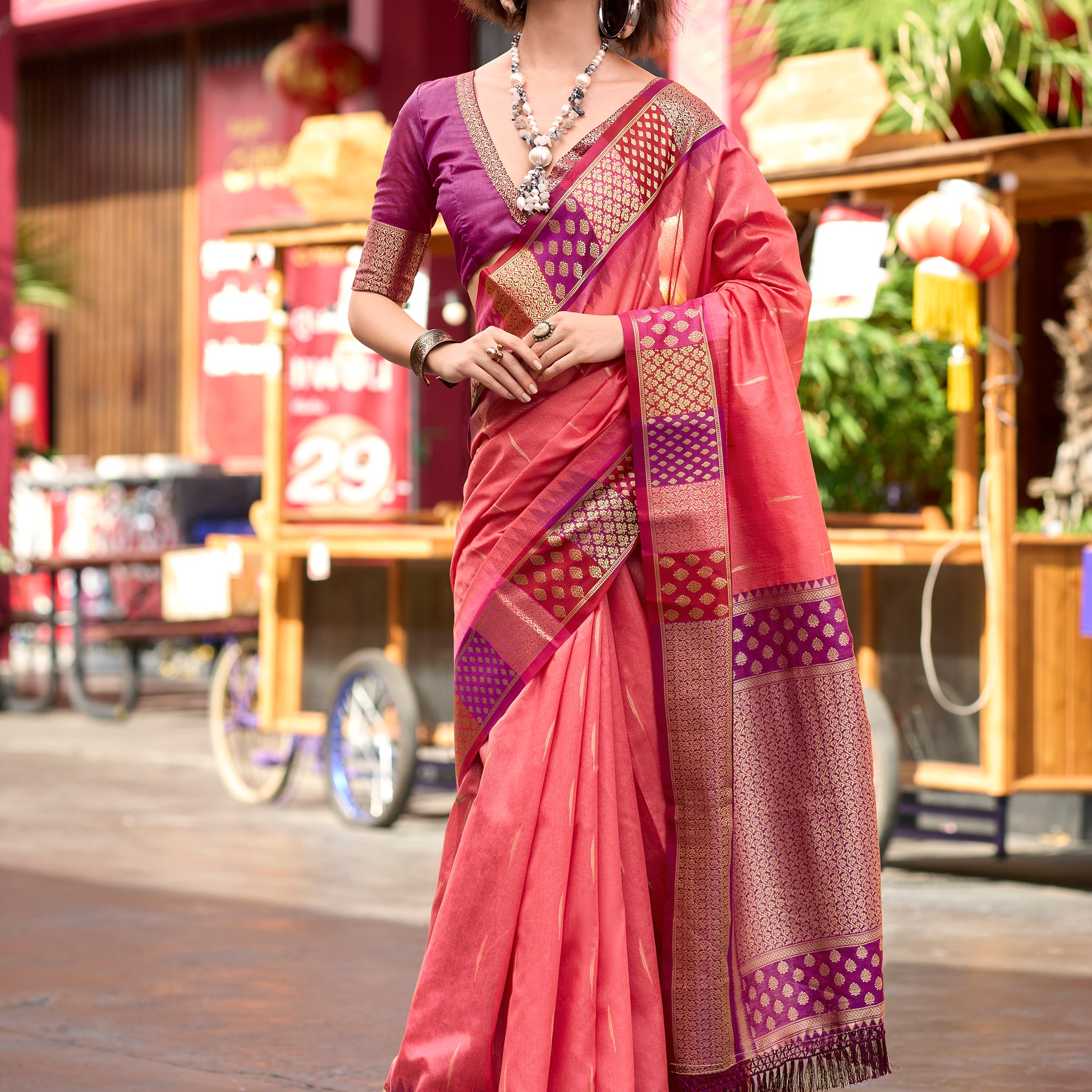 Incredible Coral Red Zari Weaving Banarasi Silk Event Wear Saree