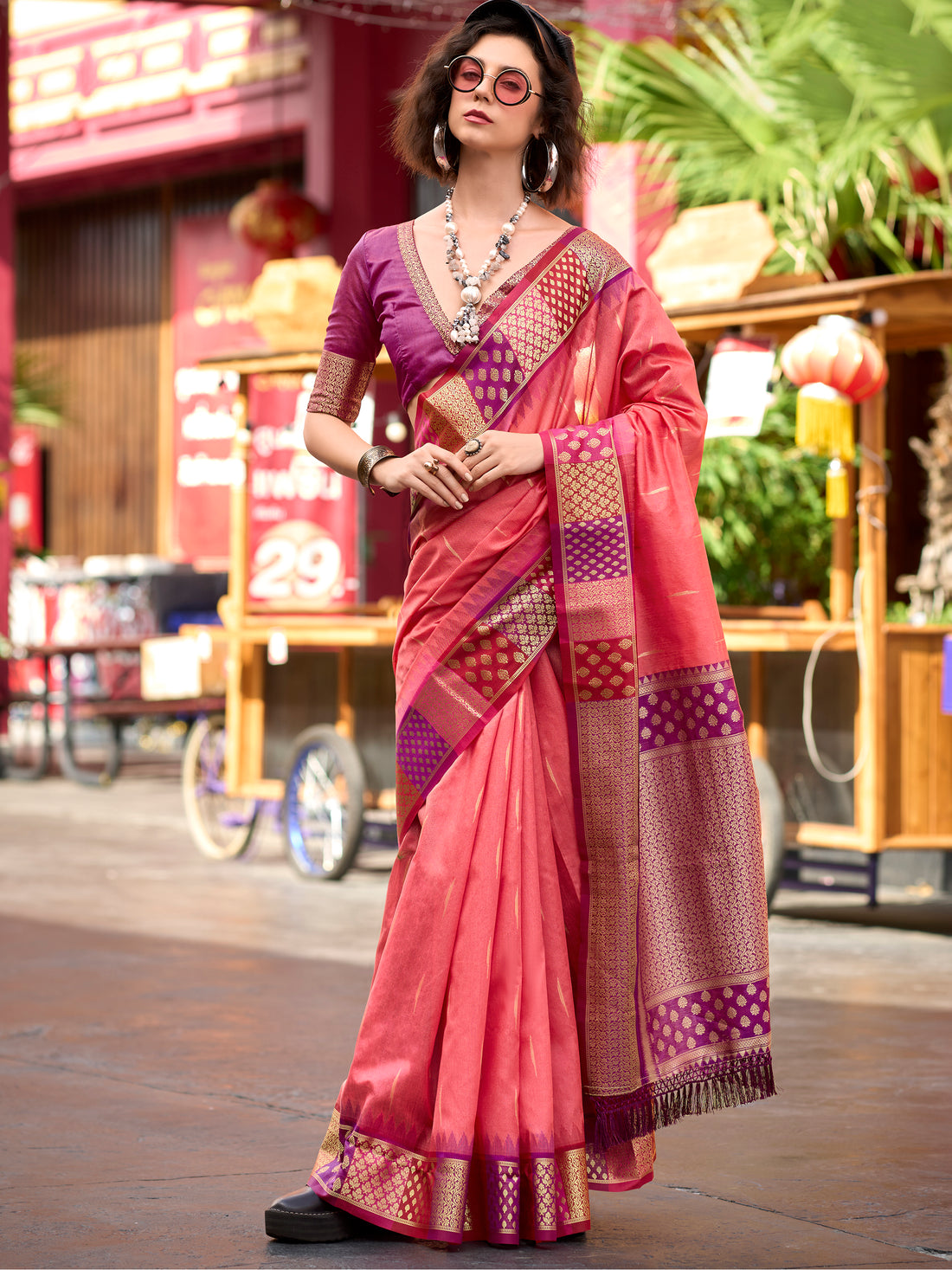 Incredible Coral Red Zari Weaving Banarasi Silk Event Wear Saree