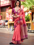 Incredible Coral Red Zari Weaving Banarasi Silk Event Wear Saree