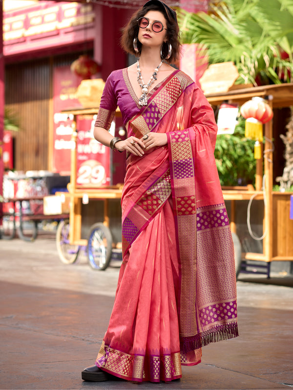 Incredible Coral Red Zari Weaving Banarasi Silk Event Wear Saree