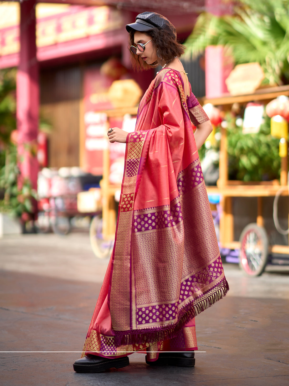 Incredible Coral Red Zari Weaving Banarasi Silk Event Wear Saree