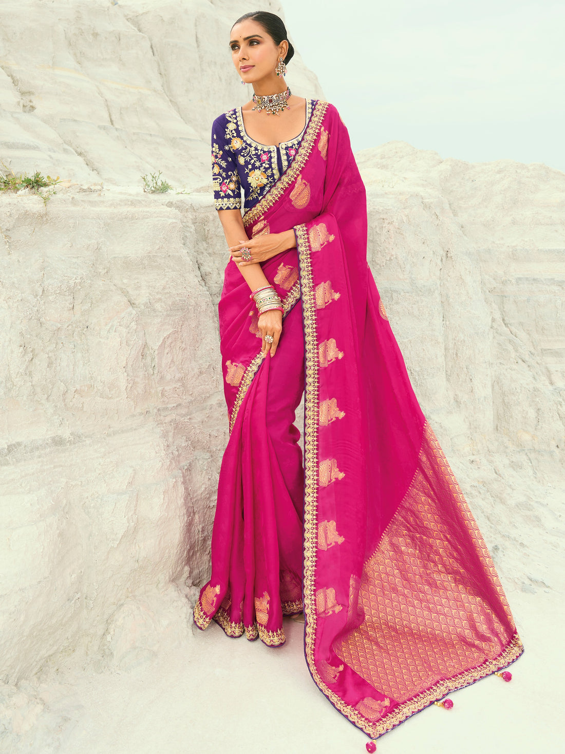 Magnificent Rani Pink Embroidered Satin Festival Wear Saree With Blouse