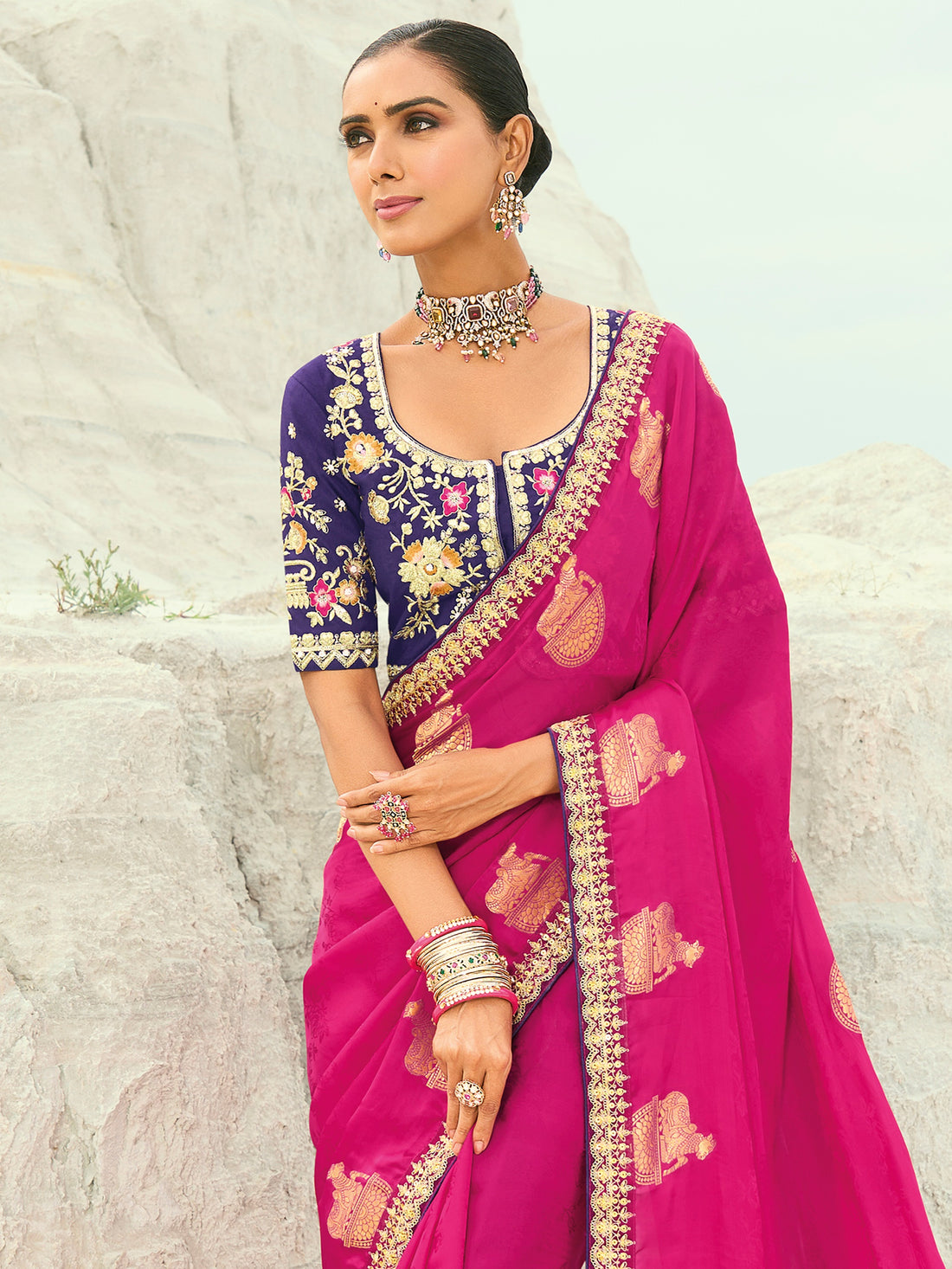 Magnificent Rani Pink Embroidered Satin Festival Wear Saree With Blouse