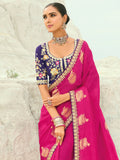 Magnificent Rani Pink Embroidered Satin Festival Wear Saree With Blouse