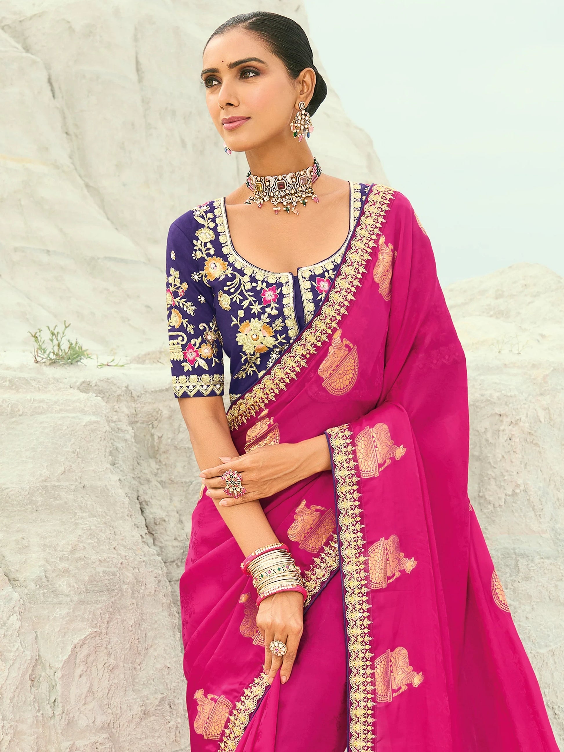 Magnificent Rani Pink Embroidered Satin Festival Wear Saree With Blouse