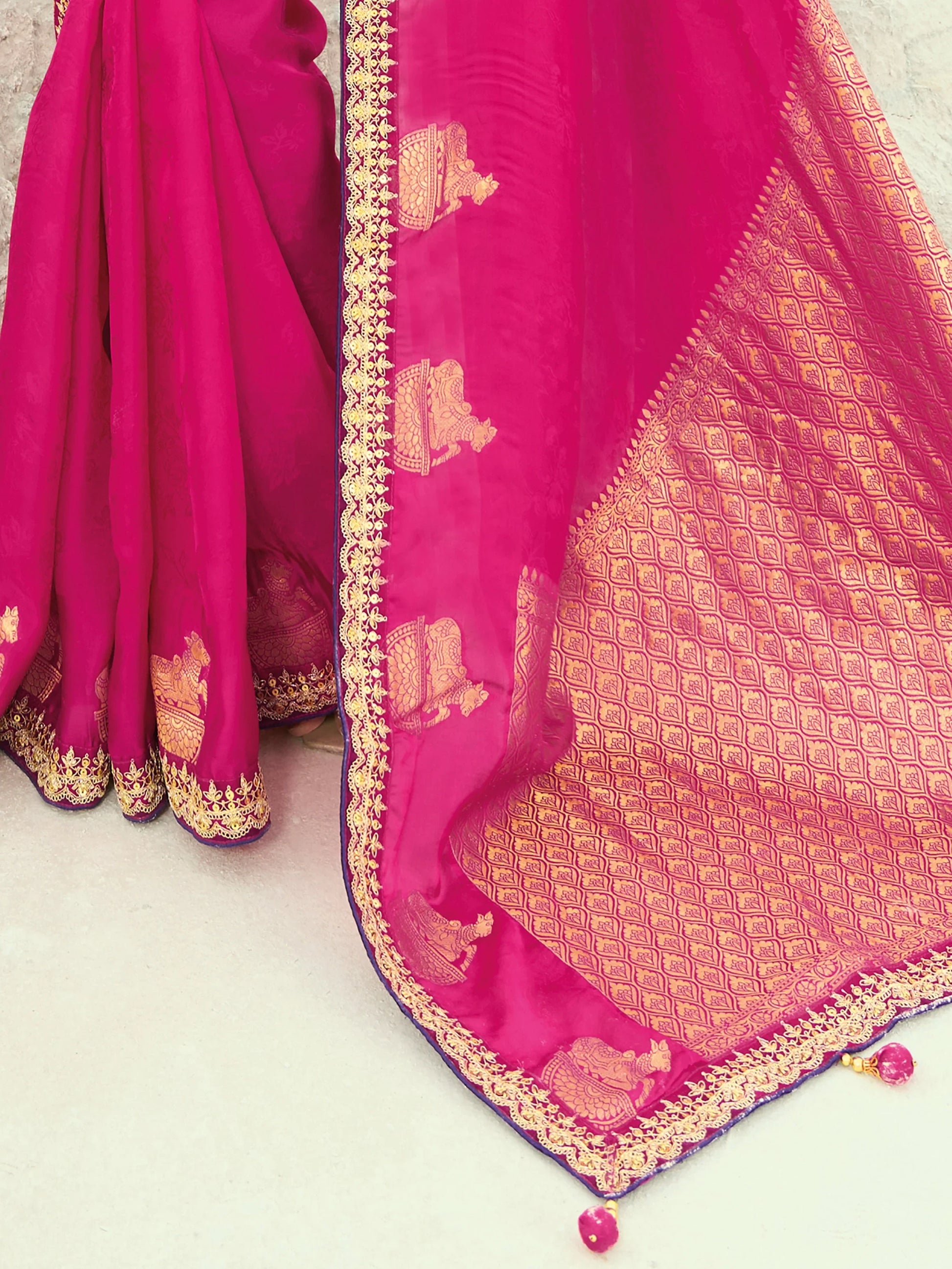Magnificent Rani Pink Embroidered Satin Festival Wear Saree With Blouse