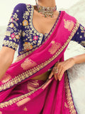 Magnificent Rani Pink Embroidered Satin Festival Wear Saree With Blouse