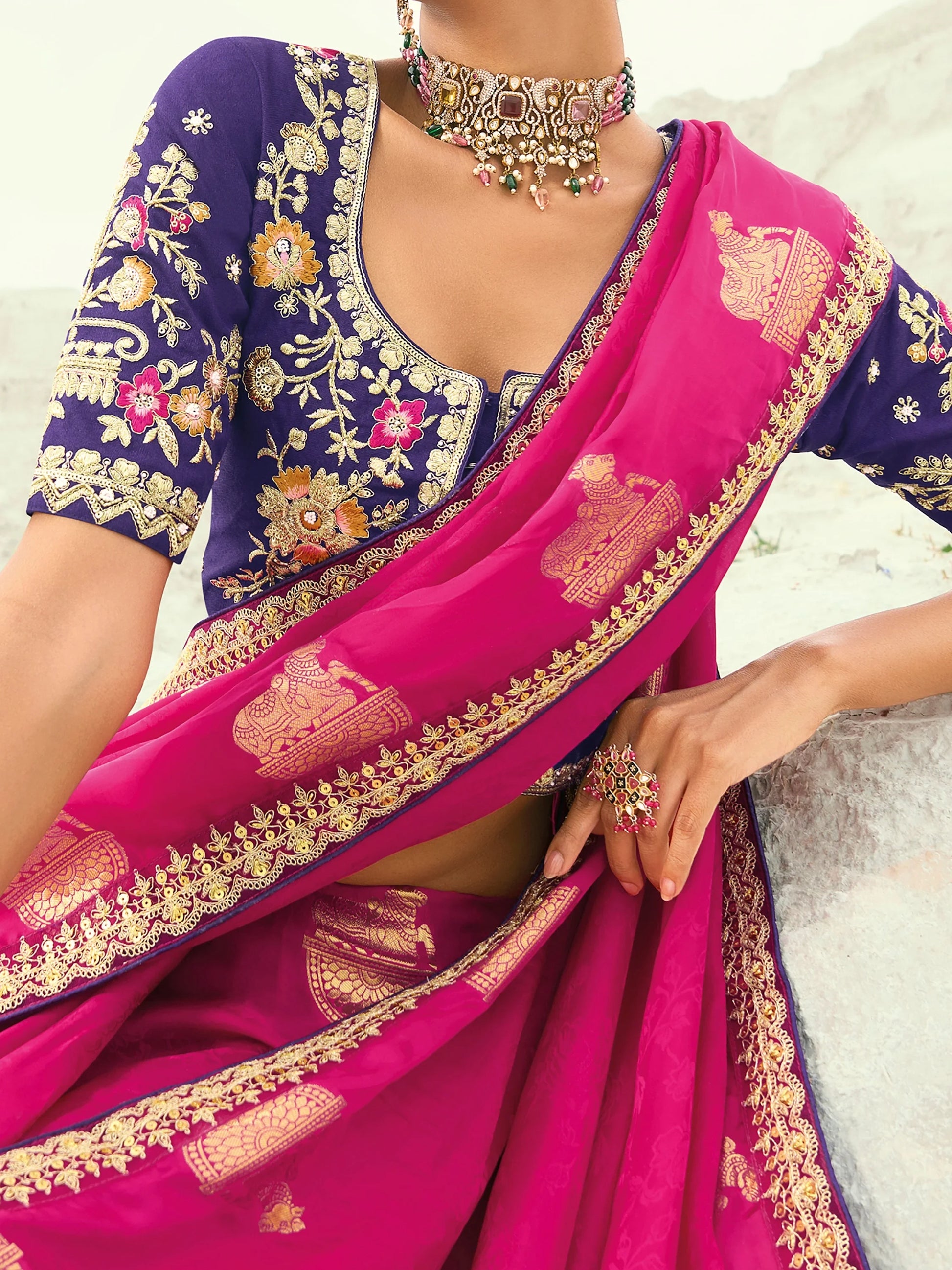 Magnificent Rani Pink Embroidered Satin Festival Wear Saree With Blouse