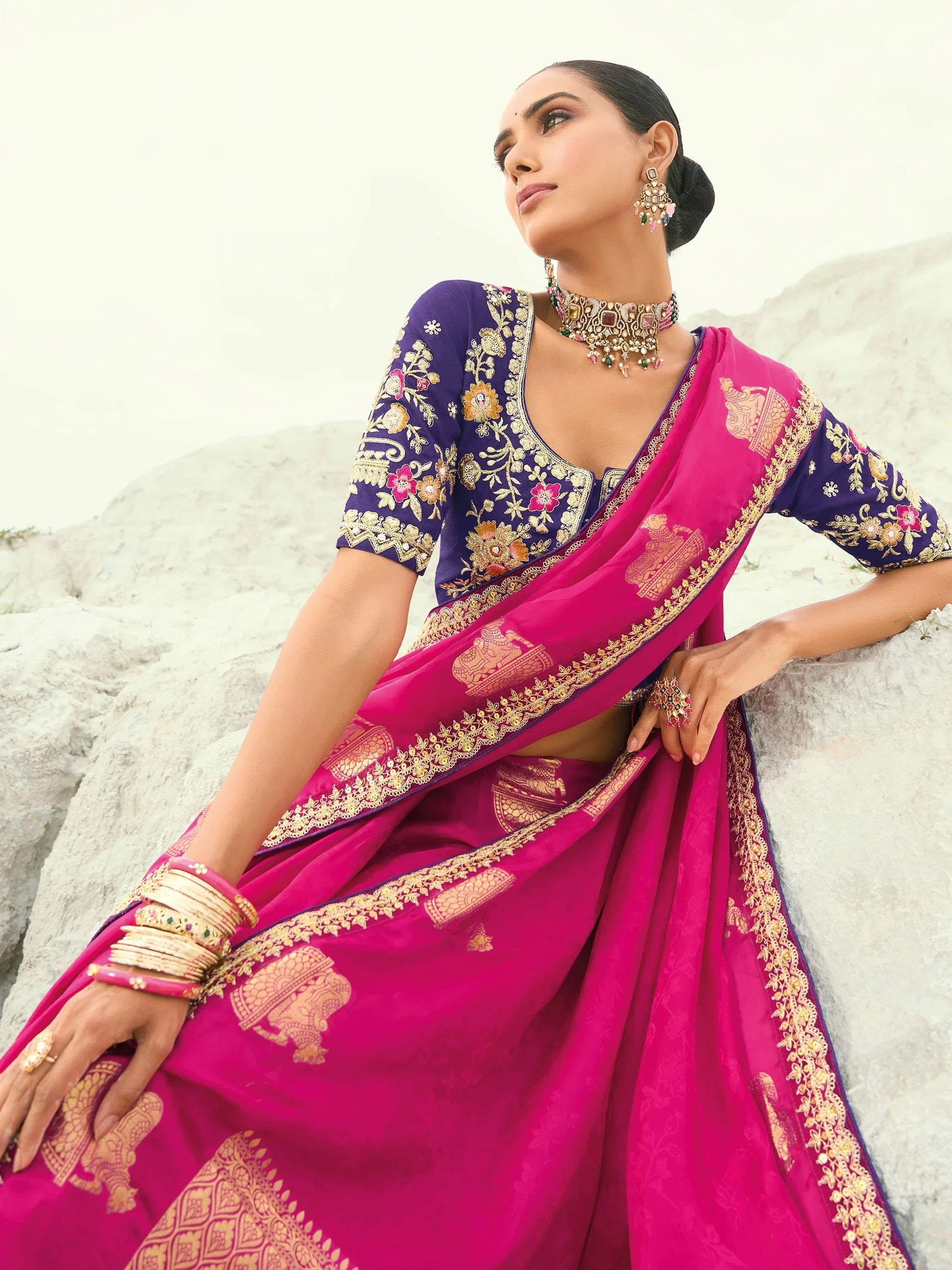 Magnificent Rani Pink Embroidered Satin Festival Wear Saree With Blouse