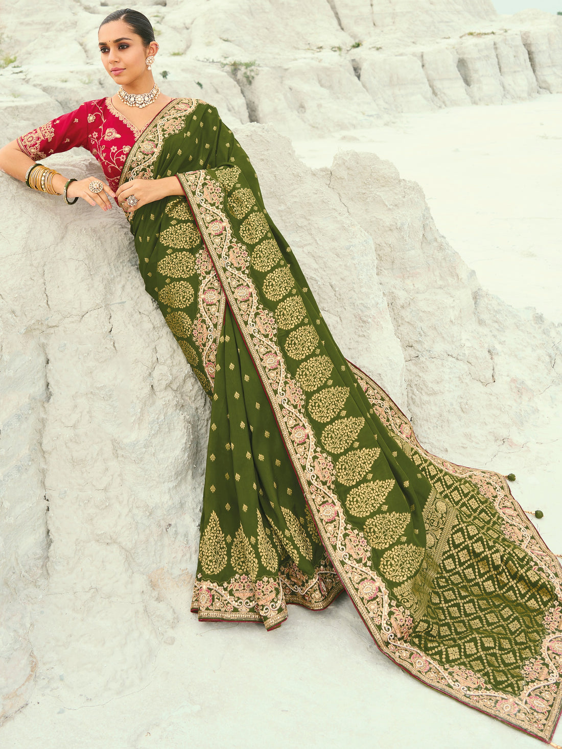 Enchanting Olive Green Sequins Work Satin Wedding Wear Saree With Blouse