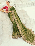 Enchanting Olive Green Sequins Work Satin Wedding Wear Saree With Blouse