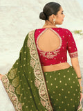 Enchanting Olive Green Sequins Work Satin Wedding Wear Saree With Blouse
