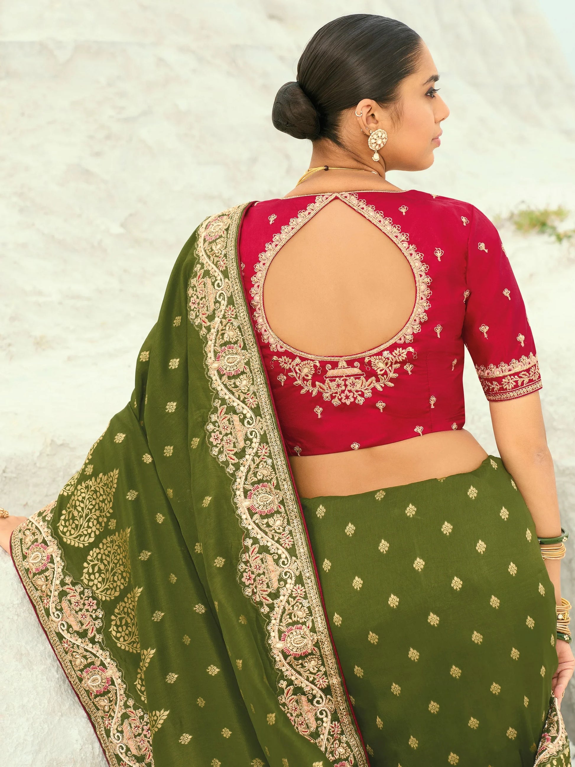 Enchanting Olive Green Sequins Work Satin Wedding Wear Saree With Blouse