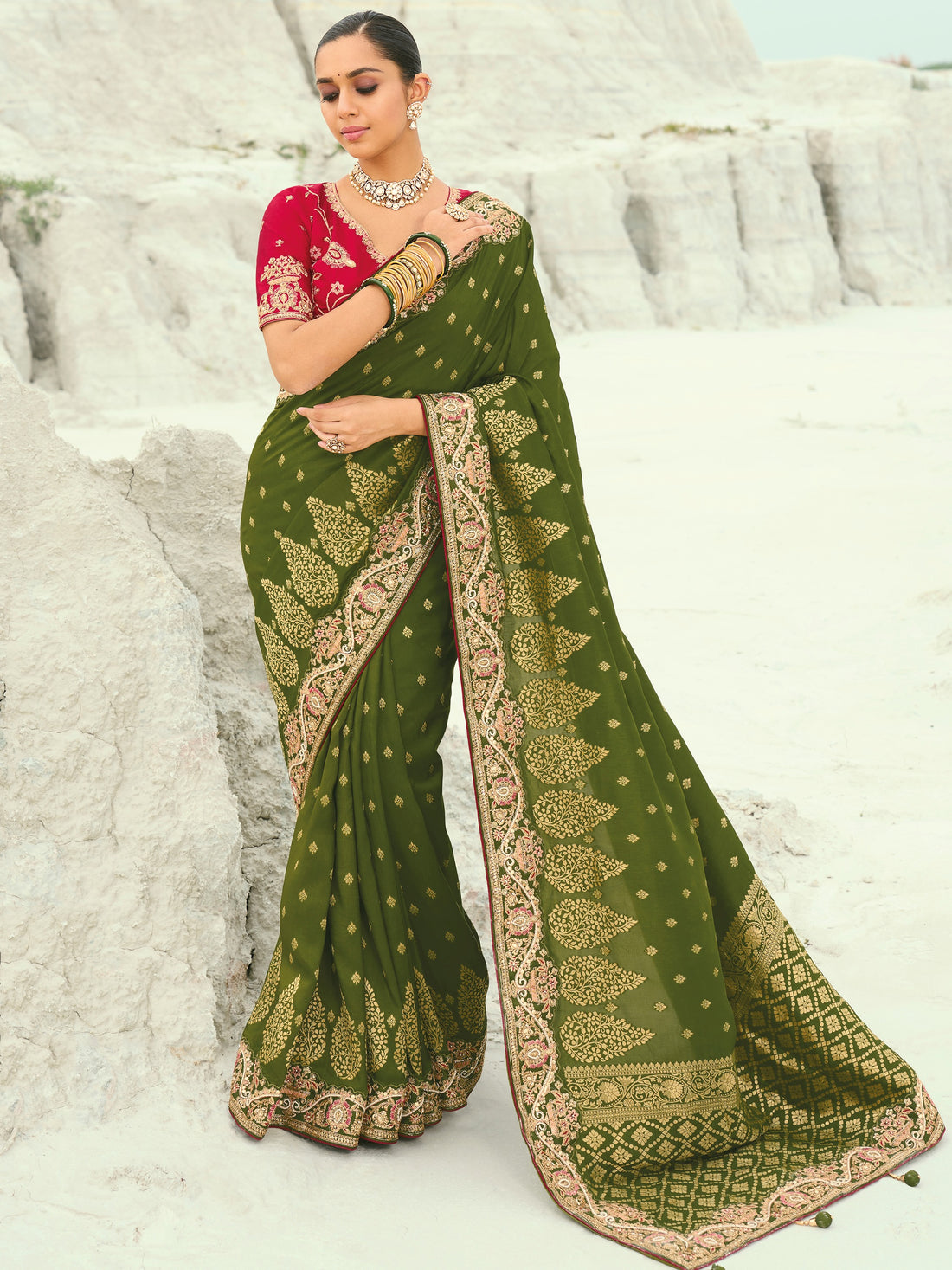 Enchanting Olive Green Sequins Work Satin Wedding Wear Saree With Blouse
