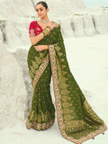 Enchanting Olive Green Sequins Work Satin Wedding Wear Saree With Blouse