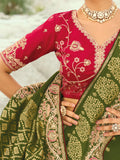 Enchanting Olive Green Sequins Work Satin Wedding Wear Saree With Blouse