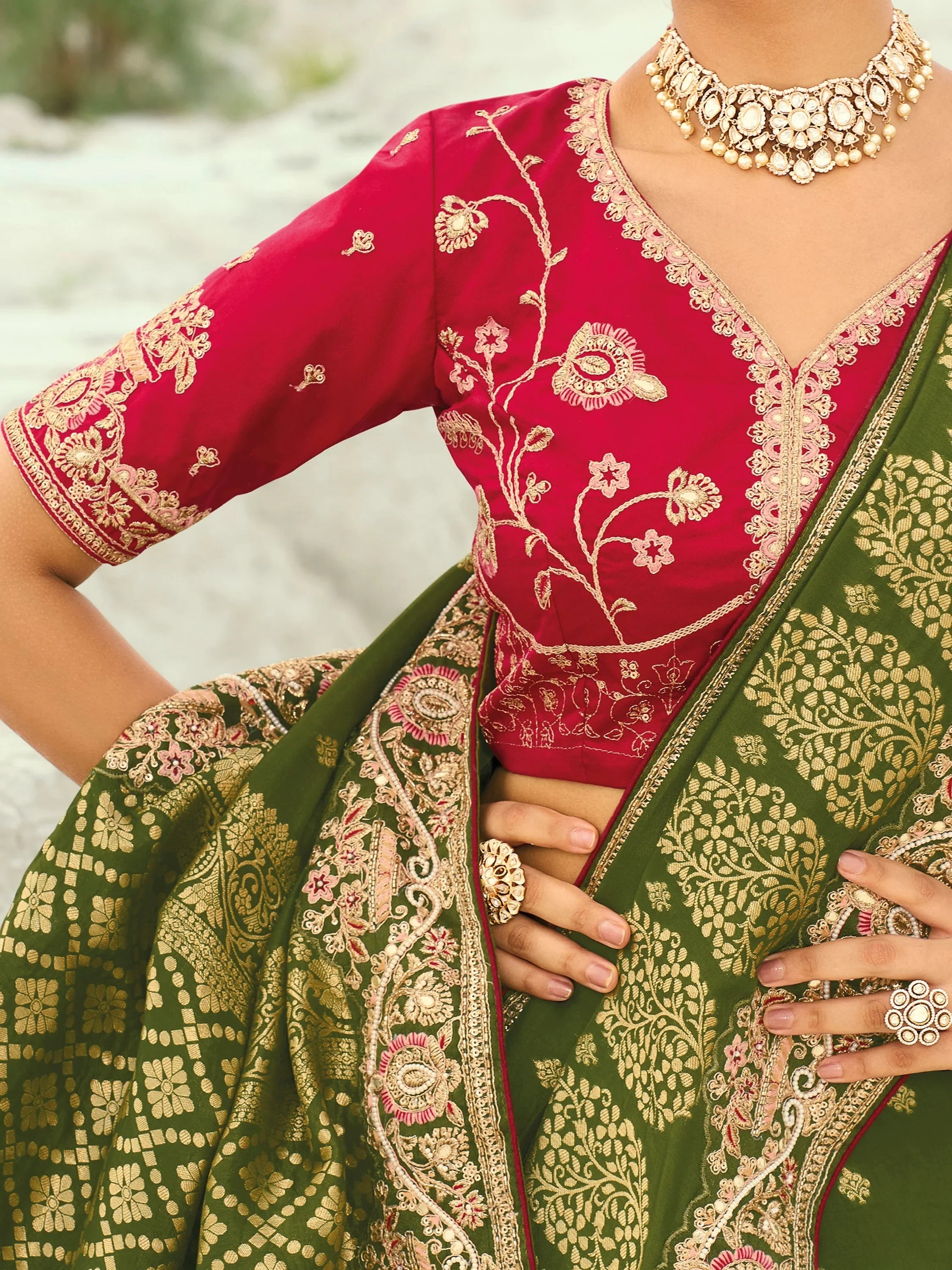 Enchanting Olive Green Sequins Work Satin Wedding Wear Saree With Blouse