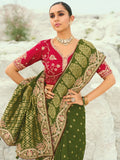 Enchanting Olive Green Sequins Work Satin Wedding Wear Saree With Blouse