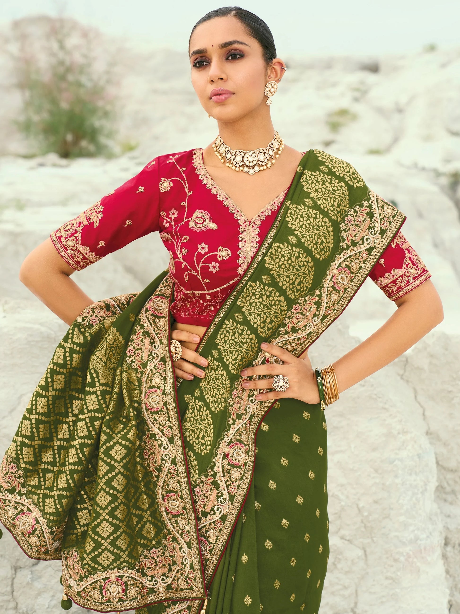 Enchanting Olive Green Sequins Work Satin Wedding Wear Saree With Blouse