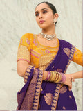 Dazzling Purple Embroidered Satin Reception Wear Saree With Blouse