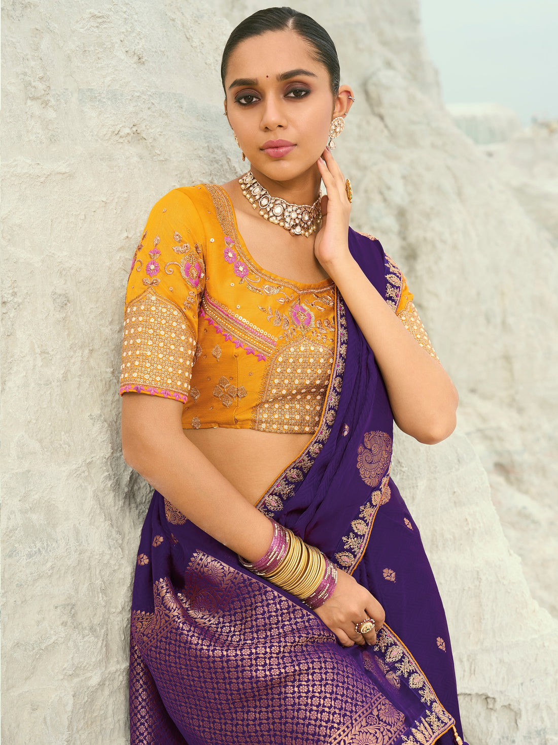 Dazzling Purple Embroidered Satin Reception Wear Saree With Blouse