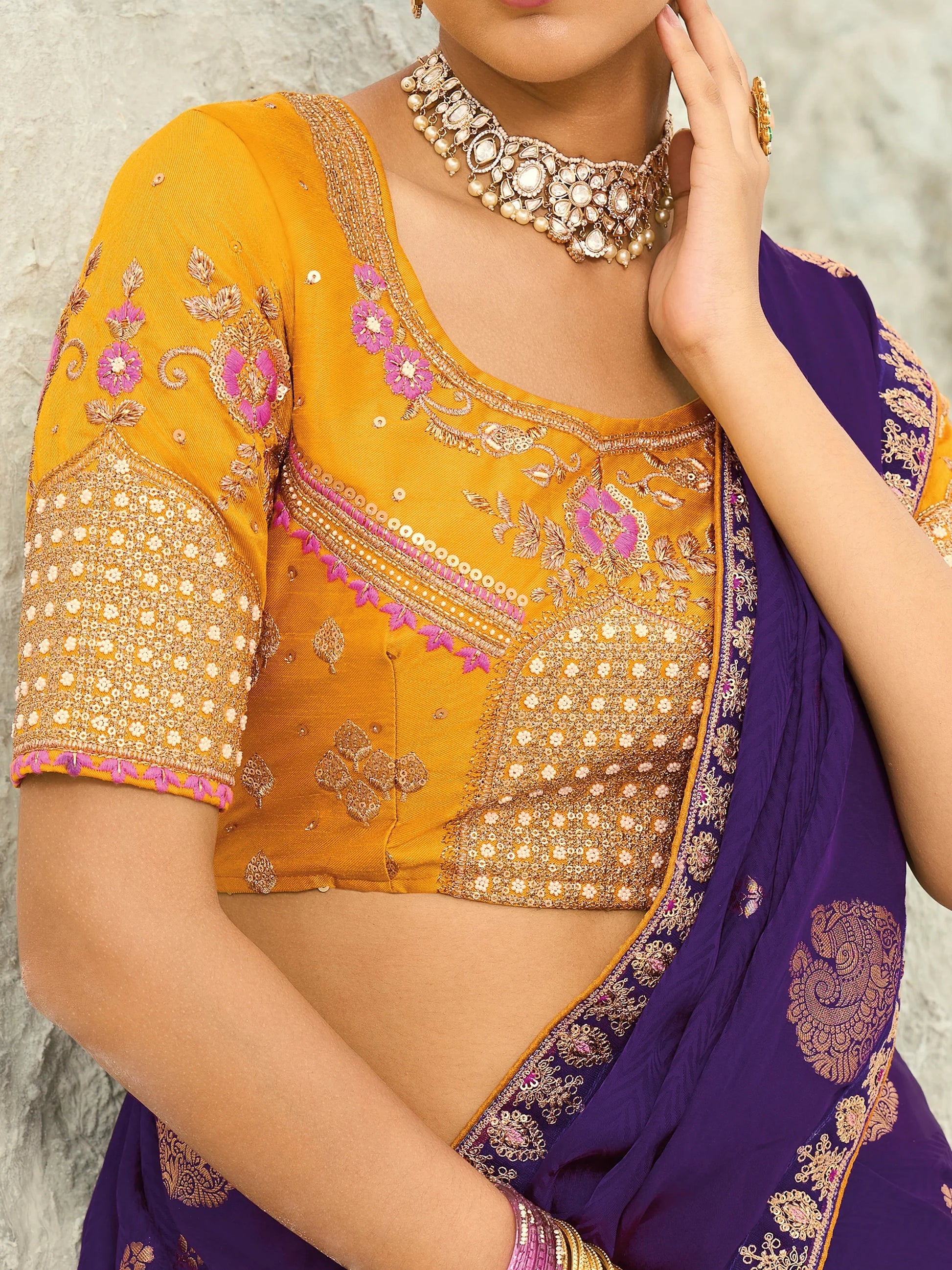 Dazzling Purple Embroidered Satin Reception Wear Saree With Blouse
