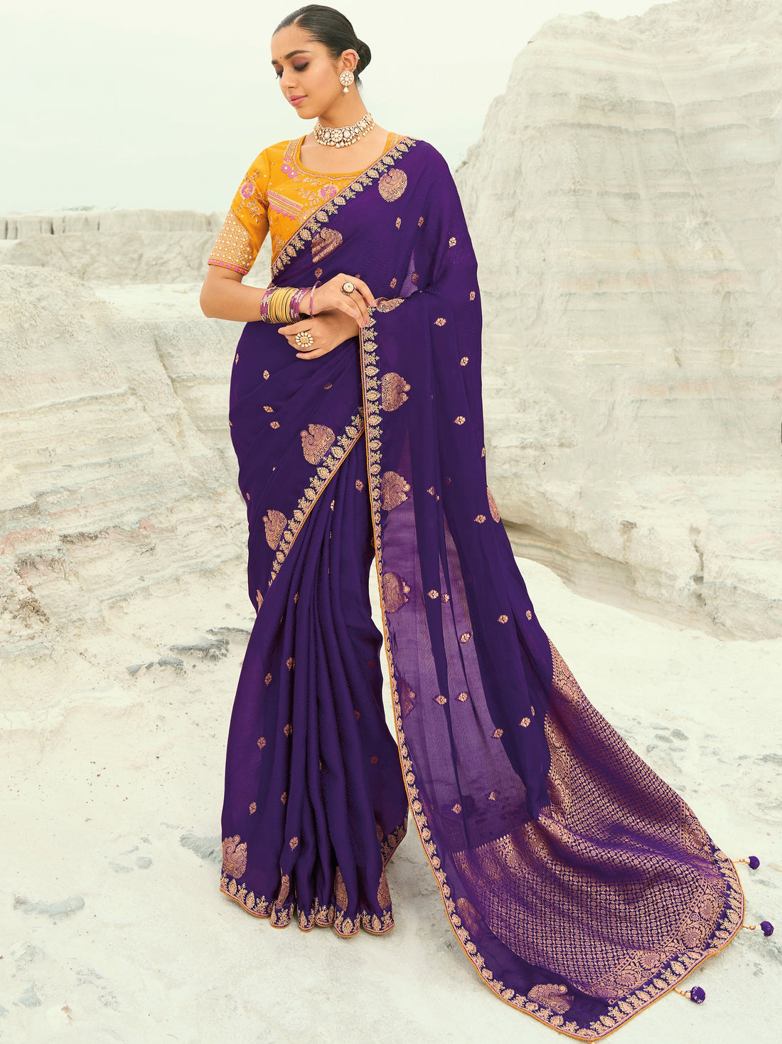 Dazzling Purple Embroidered Satin Reception Wear Saree With Blouse