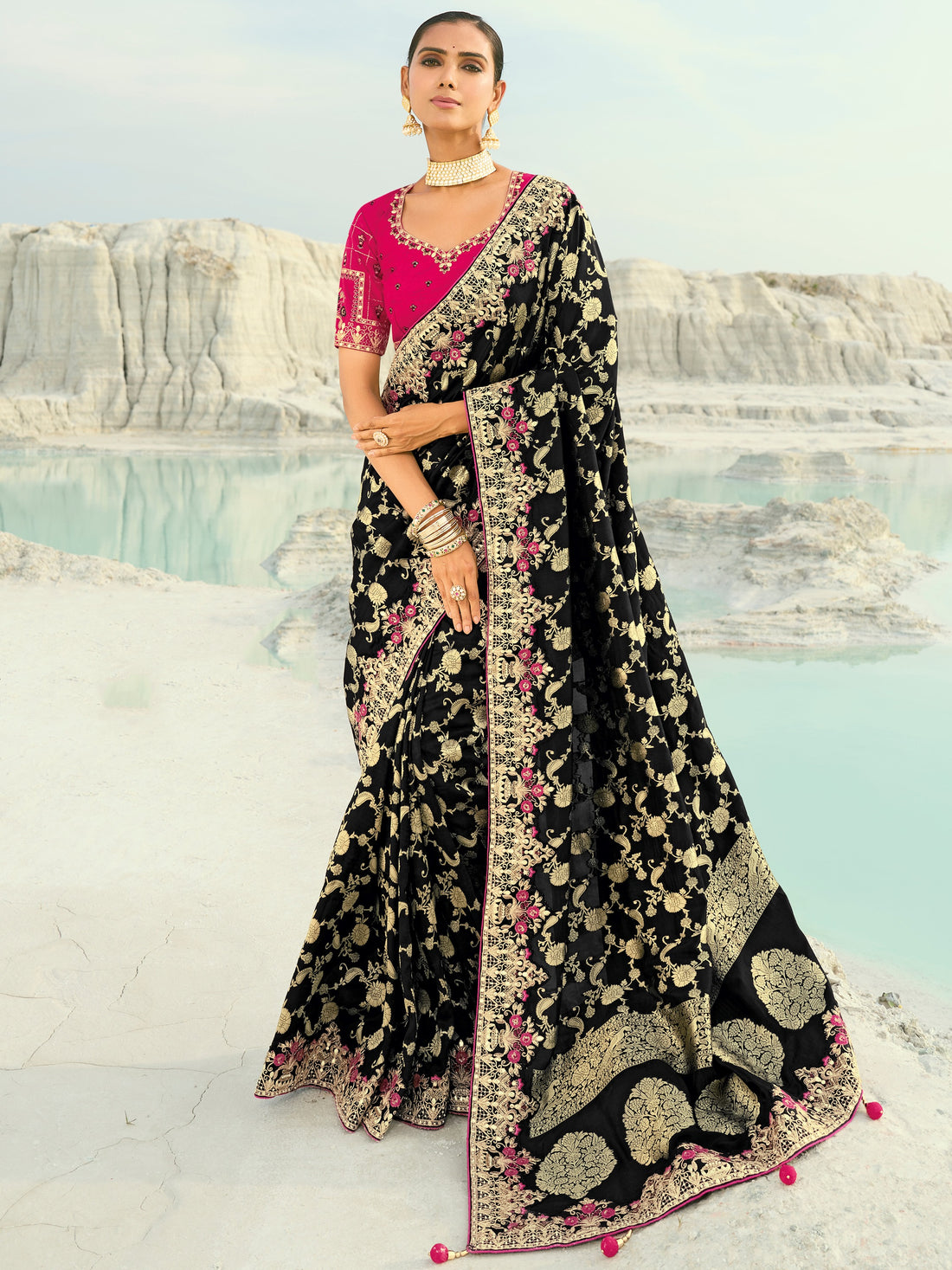 Wonderful Black Zari Work Satin Function Wear Saree With Blouse